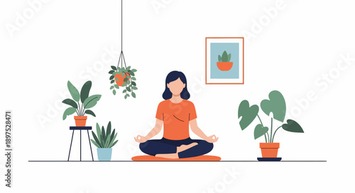 Meditating woman surrounded by potted plants in minimalist room illustration from a calm perspective