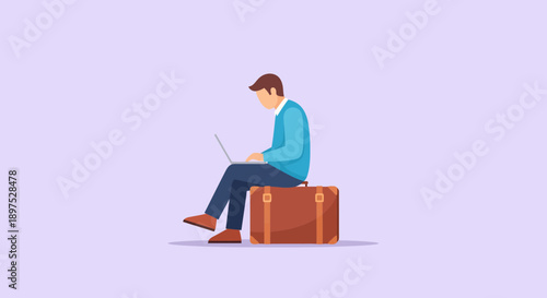 Focused Cartoon Man Working on Laptop While Traveling with Suitcase, Professional in Calm Setting