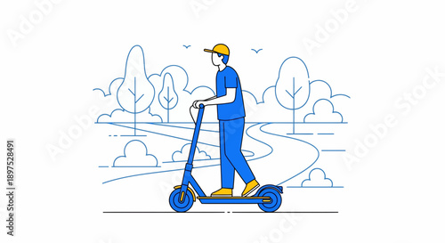 Energetic Electric Scooter Ride in a Park Illustrated on a Simple Monochrome Scene Side View