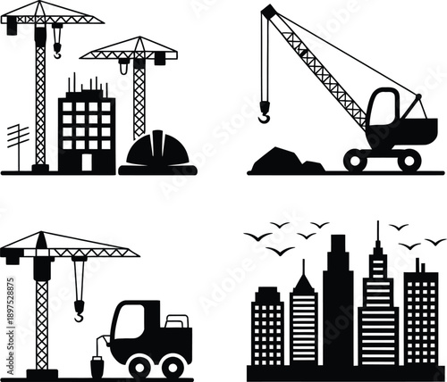 Construction site with cranes and city skyline