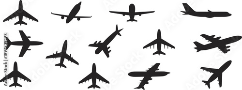 Airplane silhouette vector set featuring commercial aircraft in flight from multiple angles, minimalist aviation illustration for travel, transportation, airport icons, and infographic design stock
