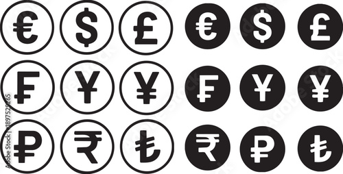Currency Icons: A collection of diverse international currency symbols, representing the global economy and financial transactions, each emblem signifies value and exchange.