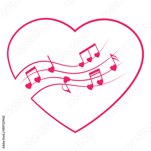 Love music, heart shape and musical notes, isolated vector illustration.