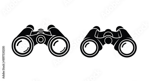 Two pairs of binoculars are shown in a stark black silhouette