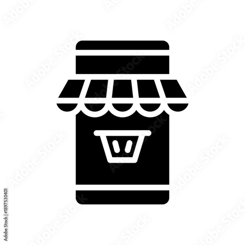 Black solid icon online shop, phone and commerce. Minimalist Marketing glyph symbol design.