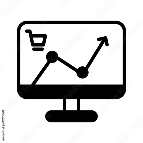 Black icon computer show graphic chart shopping. Minimalist Marketing semi solid symbol design.