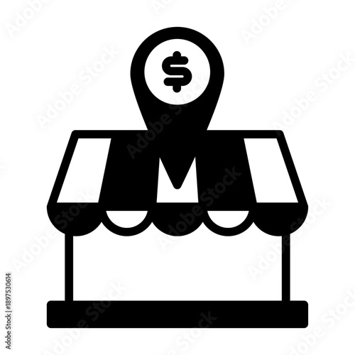 Black icon shop with pin location profit. Minimalist Marketing semi solid symbol design.