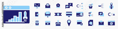 Marketing Icon set. Containing graphic chart shopping, target, discount, idea,  engagment media, advertising, email marketing, discount voucher and more. Icon collection Solid blue.