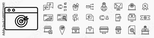 Marketing Icon set. Containing graphic chart shopping, target, discount, idea,  engagment media, advertising, email marketing, discount voucher and more. Icon collection line blue.