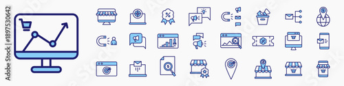 Marketing Icon set. Containing graphic chart shopping, target, discount, idea,  engagment media, advertising, email marketing, discount voucher and more. Icon collection flat blue.