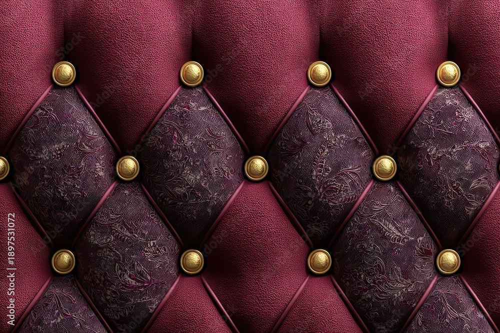 Fototapeta premium Velvet diamond quilted pattern with gold buttons on burgundy upholstery for luxury interior decor