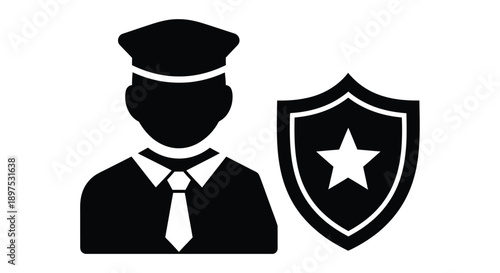 Black silhouette of a security guard with a shield and star emblem