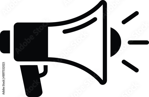 A black and white icon of a megaphone with lines indicating sound