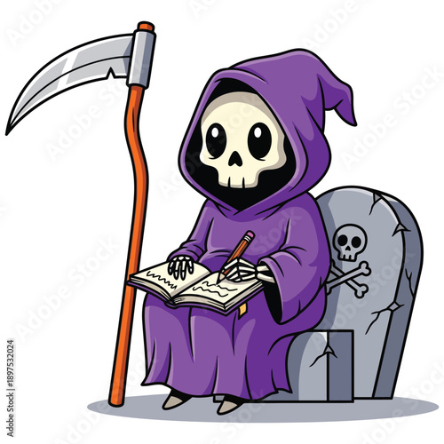 A cute cartoon grim reaper writing in a notebook next to his scythe and a tombstone