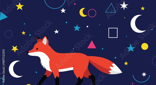 Vibrant fox walking under starry night sky with colorful shapes