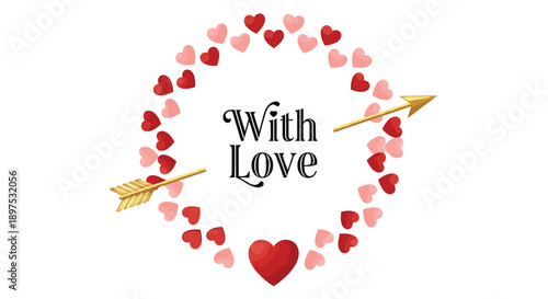 Romantic hearts surround 'With Love' message with golden arrow