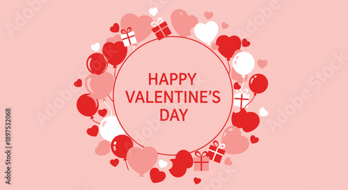 Happy Valentine's Day celebration with red and white hearts and balloons