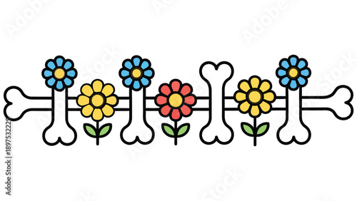 A repeating pattern of colorful flowers growing between stylized white bones in a fence-like arrangement