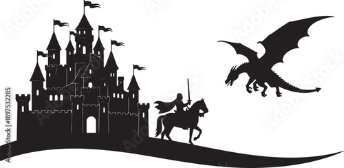 Black silhouette of a medieval castle with a knight on horseback facing a dragon also transparent background