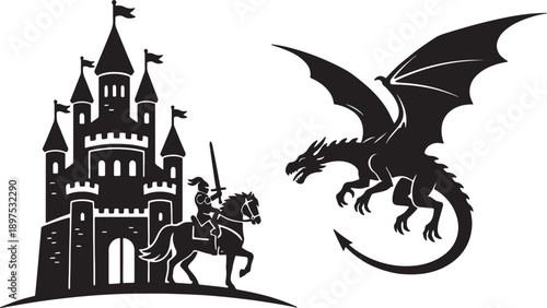 Black silhouette of a knight on horseback facing a dragon with a castle in the background also transparent background