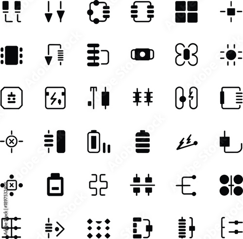A collection of black and white electronic circuit board icons