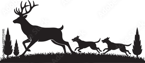 Black silhouette of a stag being chased by two dogs across a grassy field with trees also transparent background