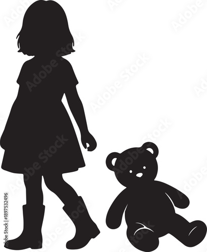 Black silhouette of a young girl in a dress and boots standing next to a teddy bear also transparent background
