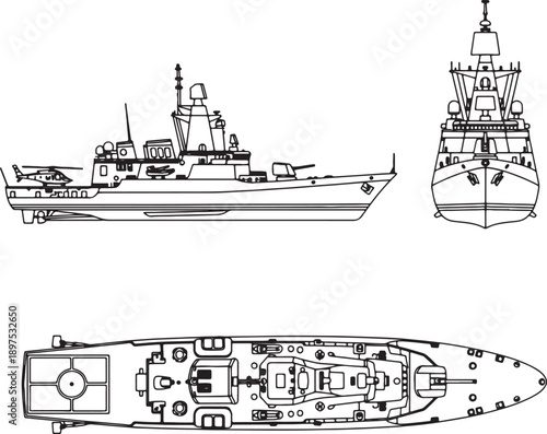 Blueprint schematic of a modern warship with helicopter and gun turrets shown in side front and views also transparent background