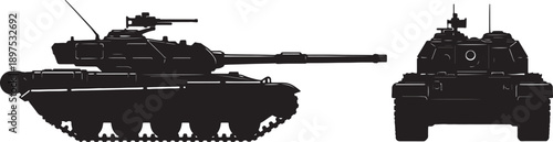 Black silhouette of a modern military tank shown in side profile and front view on a white background also transparent background
