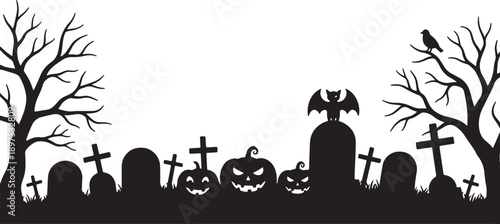 Spooky Halloween graveyard scene with silhouetted bare trees jack o lanterns gravestones and a bat on a tombstone also transparent background