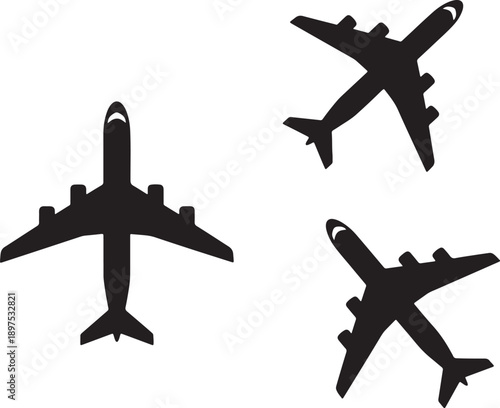 Three black silhouette airplanes in different orientations on a white background also transparent background