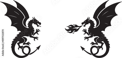 Two black silhouette dragons facing each other one breathing fire on a white background also transparent background
