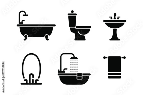Bathroom Fixture Icons: Bathtub, Toilet, Sink, Shower, Towel
