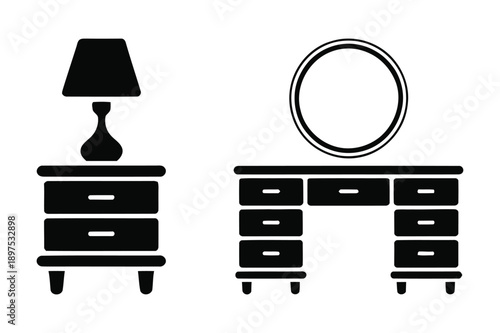 Bedroom Furniture Icons: Nightstand with Lamp, Dresser with Mirror