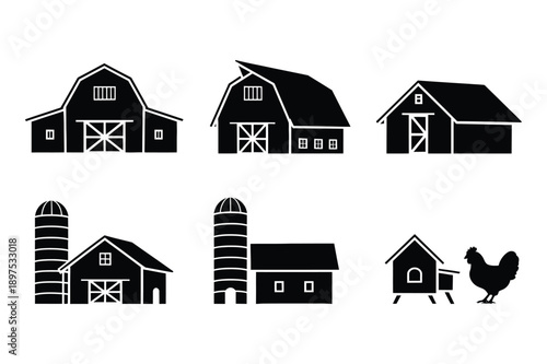Farm Buildings Icons: Barns, Silo, and Chicken Coop