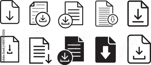Download Document Icons: A collection of various download document icons, perfect for web design and app interfaces, symbolizing the transfer and acquisition of digital files and information.