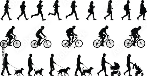 Active lifestyle silhouettes featuring runners cyclists and people walking dogs