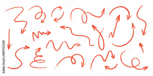 Crayon arrow hand drawn vector with brush chalk and pencil line sketch icons. Rough doodle scribble stroke in marker style. Fun grunge pastel element texture with handwritten wave and paint design