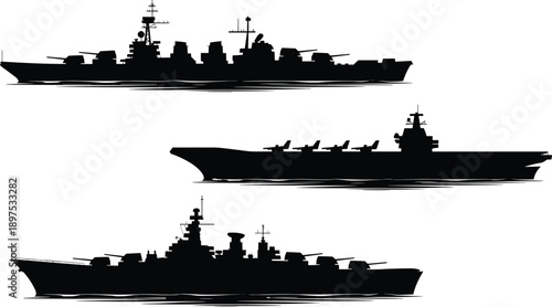 Naval warship silhouette collection illustration, battleship destroyer and aircraft carrier profiles, military fleet vector isolated on white background sea defense