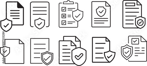 Security and Documentation: A collection of document icons showcases the concept of safety and protection, with each item featuring a shield symbol.