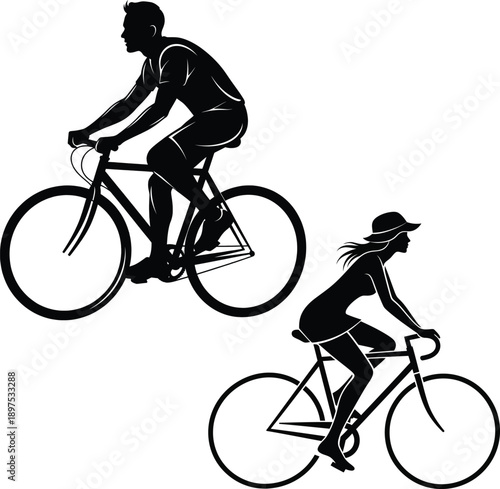 Bicycle riders silhouettes with man and woman cycling on professional road bikes