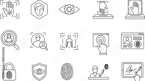 Minimalist line icons for cybersecurity and identity verification, modern and professional with detailed digital illustrations
