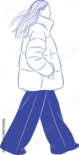 Linear sketch of person wearing oversized blue puffer jacket and wide trousers