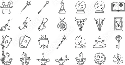 Collection of mystical and magical symbols, including crystals, potions, and tarot cards, in a simple line art style with a touch of mysticism and fantasy