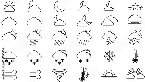 Weather icons set with clouds, sun, moon, and precipitation symbols, modern minimalist design for forecasting and climate apps