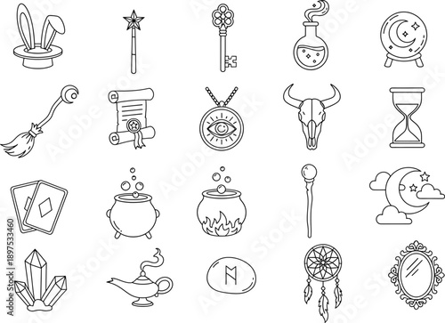 Various witchcraft and mystical symbols arranged in a grid, magical and mysterious with dreamcatcher and crystal