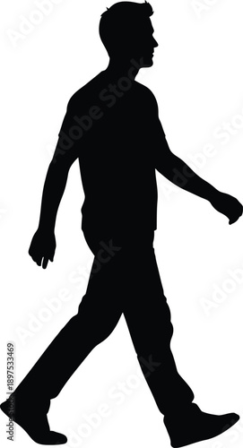 Man silhouette walking sideways wearing casual shirt and trousers profile view