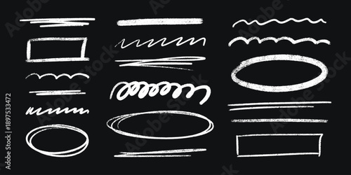 Crayon line collection with white highlight strokes and pencil underlines on blackboard bg. Hand drawn brush marks with chalk textures, doodle shapes, rough sketches and freehand vector elements