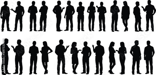 People silhouette set of diverse men and women standing talking and interacting