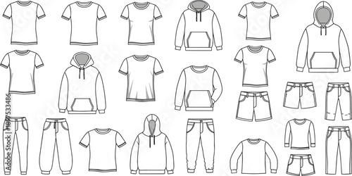 Collection of clothing line drawings including t-shirts hoodies shorts and pants vector illustration